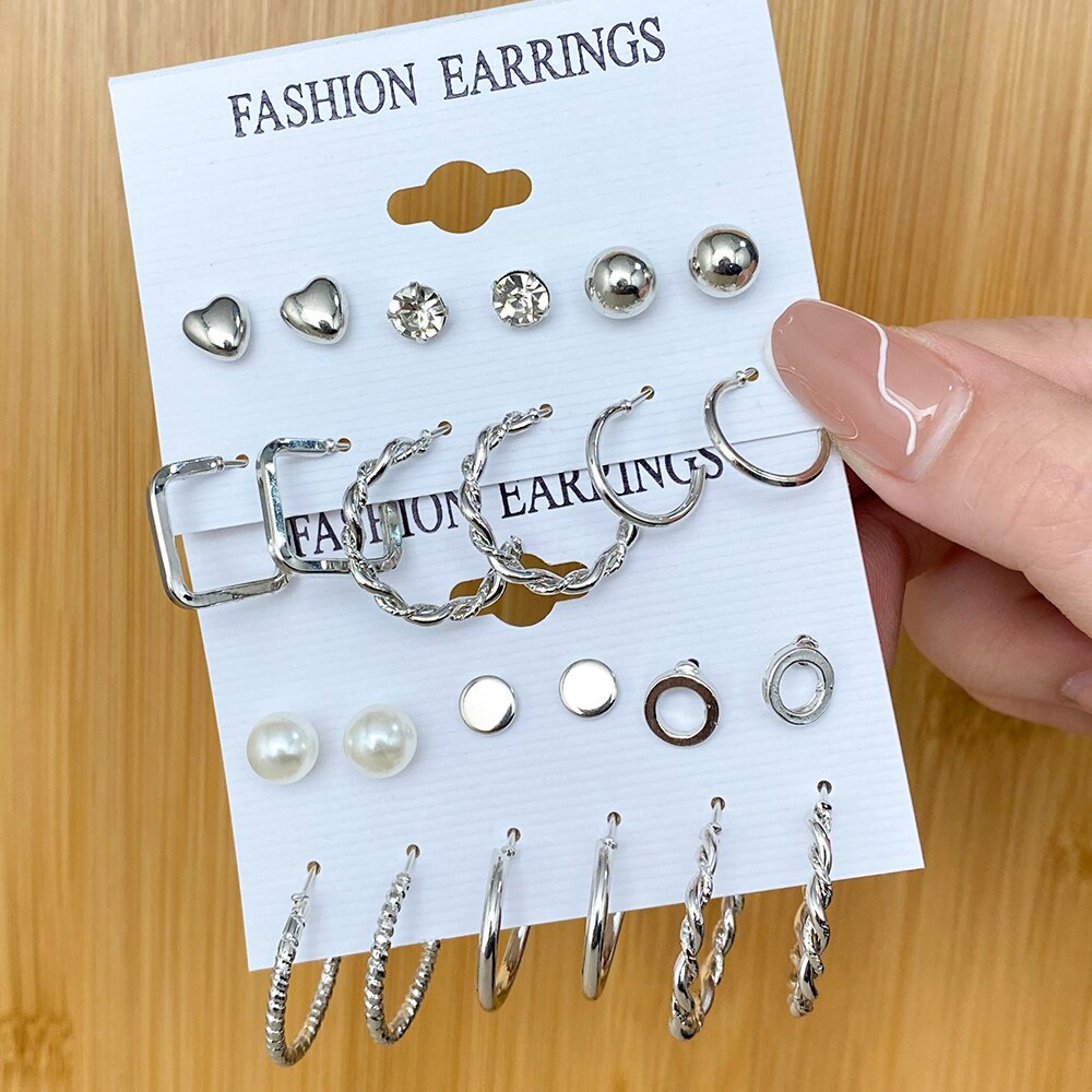 12pcs / Set Anting Tusuk Silver Hias Kristal / Cubic Zircon / Mutiara Untuk Wanita