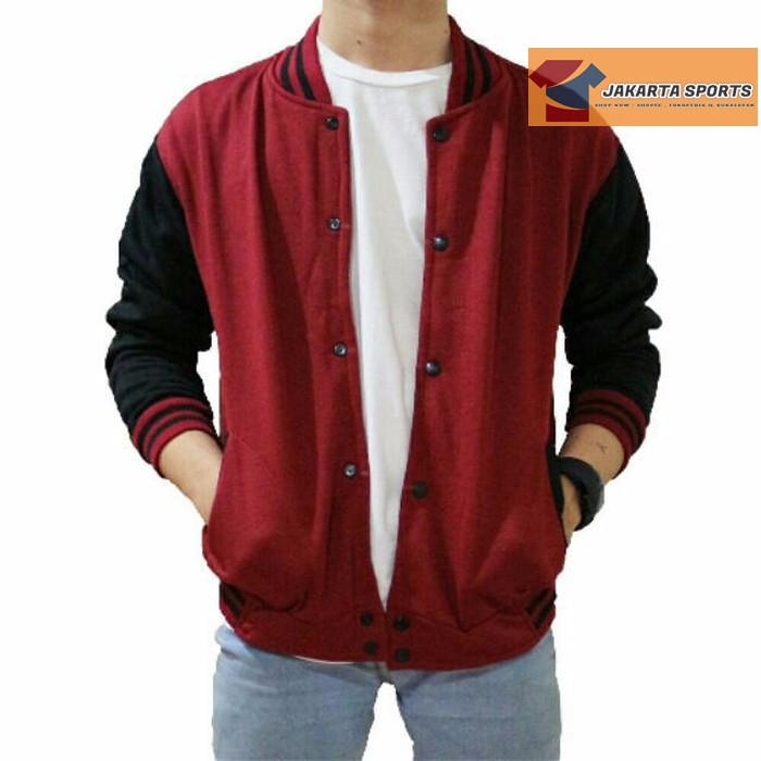 Murah Jaket Bomber Pria Cowok Jaket motor JAKET VARSITY MERAH MAROON LENGAN HITAM - BASEBALL P 71HGB