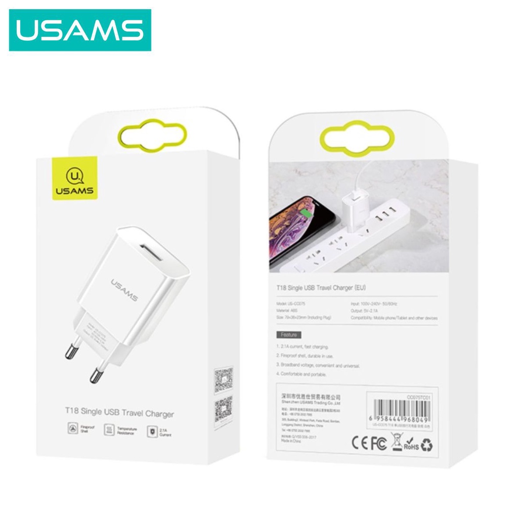 USAMS T18  Adapter Charger Single USB Travel Charger 2.1A