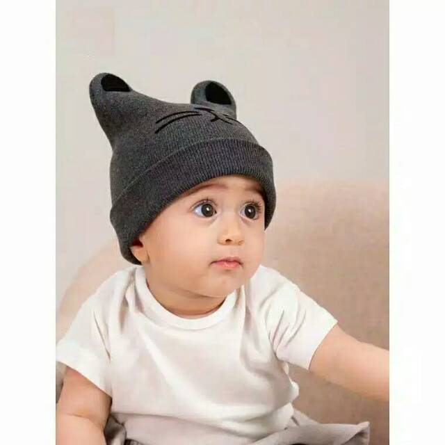 Topi kupluk bayi cat topi  bayi kucing topu rajut bayi