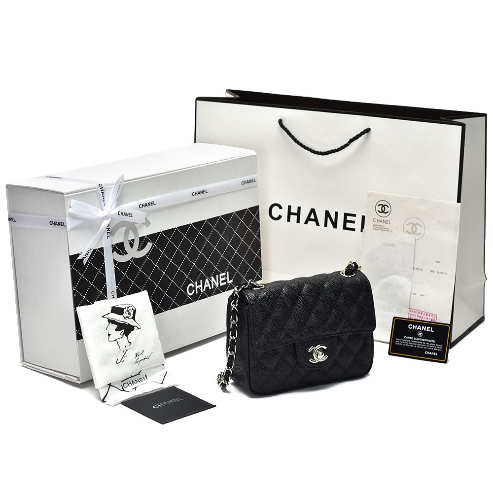 Tas Chanel Classic Mini Square Caviar Hitam SHW PC1115