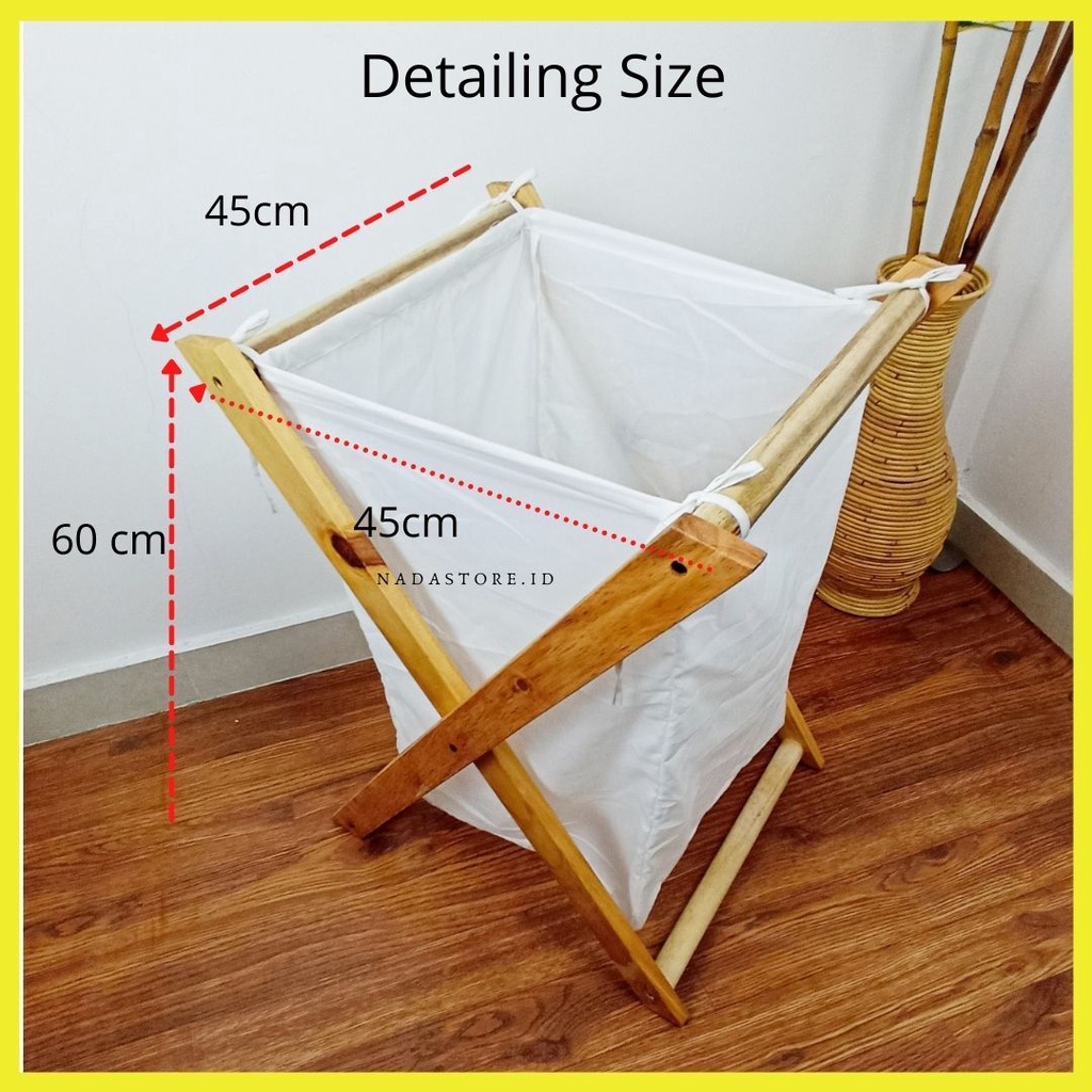 Nadastore - Keranjang Laundry Kayu Aesthetic / Wooden Scandi Laundry Bag Tinggi 60 x 45 cm /  Portable and Collapsible Folding Clothes Basket Storage with Removable Poly/Cotton Liner Fabric Bag