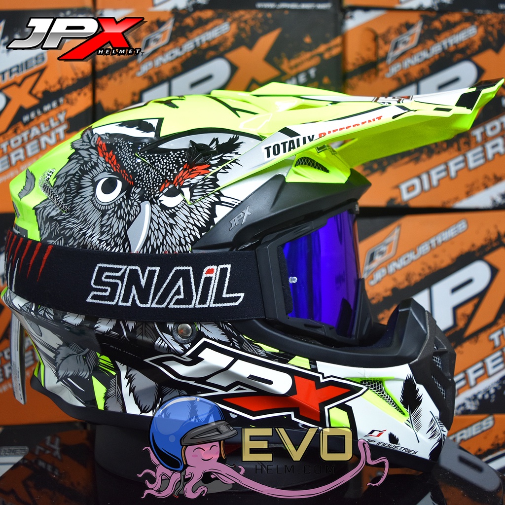 HELM JPX CROSS_FOX1 SERI X13 - FLUO YELLOW GLOSS + GOOGLE SNAIL (ONGKIR 2 KG) JPX X13 MOTIF OWL HELM JPX BURUNG HANTU HELM CROSS YELLOW JPX STABILO