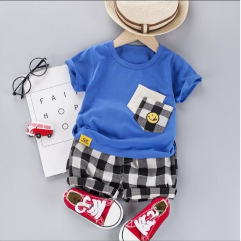 Mamamoli Baju setelan kaos anak laki laki / bayi / baby import/impor lucu poket  smile mm25