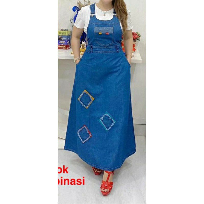 Rok Overall Jeans Denim Panjang Lebar Mekar Bisa Adjust Bawah Rawis Pinggang Karet Murah