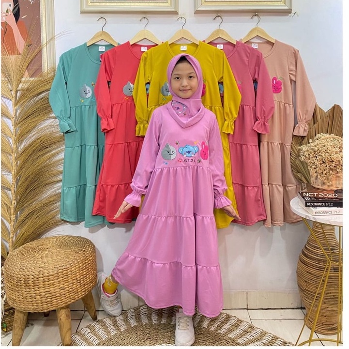 Gamis + hijab anak perempuan model rempel motif bordir BT21 bahan voxy premium merk latin (8-10 tahu