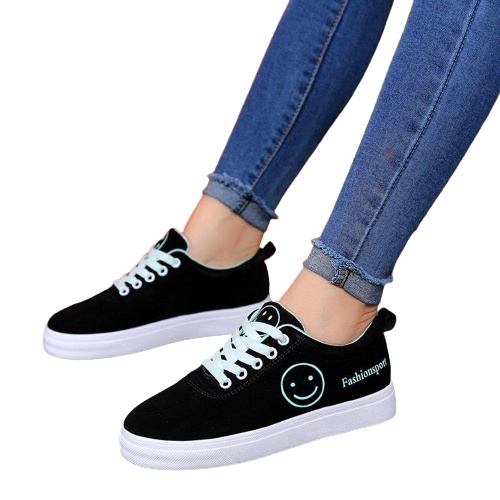 SEPATU SNEAKERS WANITA KEKINIAN / SEPATU WANITA MOTIF SMILE / SEPATU SEKOLAH REMAJA HITAM