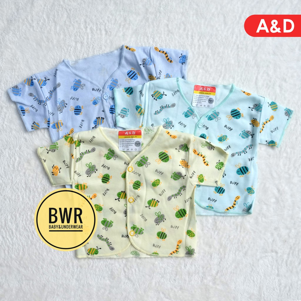 [ 6pc ] Baju Bayi A&amp;D Motif Tawon Warna PENDEK [ IV F5 ] Baju Bayi Kancing New Born - Bwr