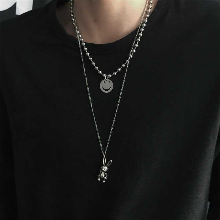 19042Harajuku Hip Hop Rabbit Smiley Pendant Multilayer Necklace