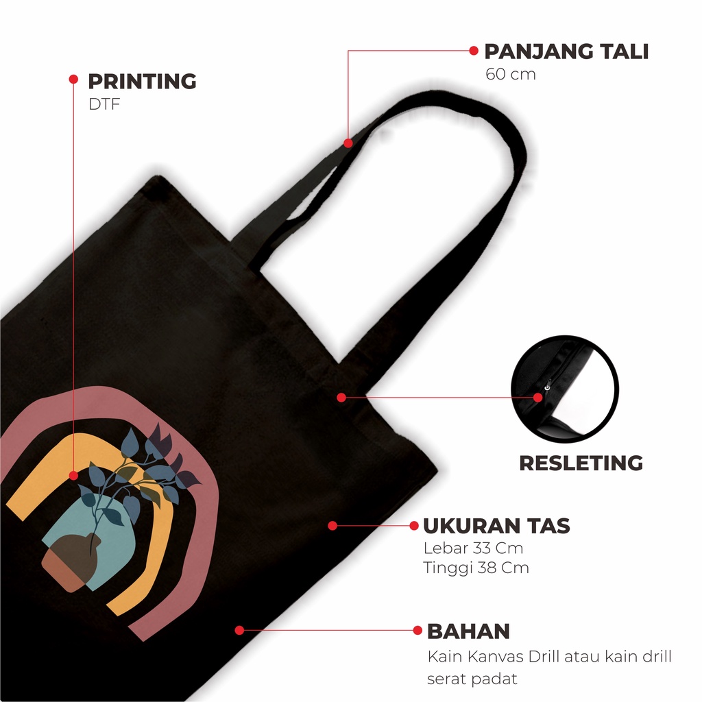 Sevine Totebag Wanita Fashion Tas Tote Bag Resleting Laptop Motif Flower Plant Nordic Art Black Series - MAA1