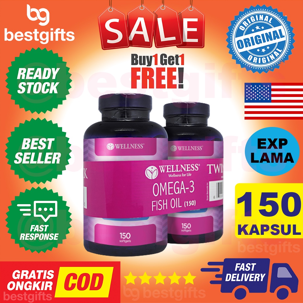 WELLNESS OMEGA 3 1000 MG 1000MG FISH SALMON OIL - 150 KAPSUL SOFTGELS (BUY 1 GET 1)