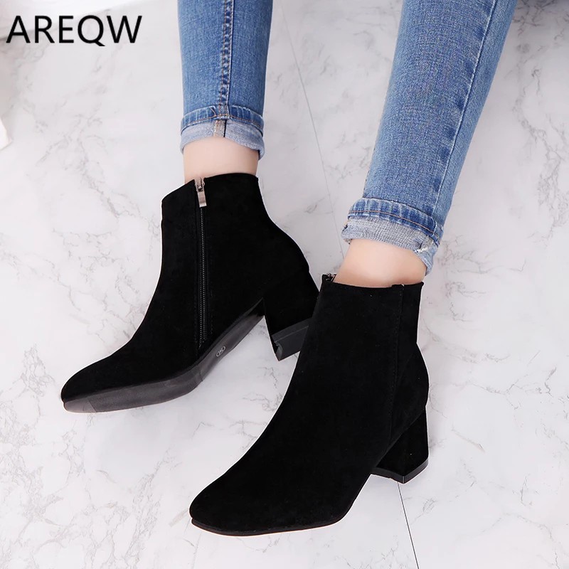 FAST DELIVERY Sepatu Boots Wanita Hak Tebal Sepatu Boots Kerja Wanita Hak Tinggi sepatu Boots Kulit