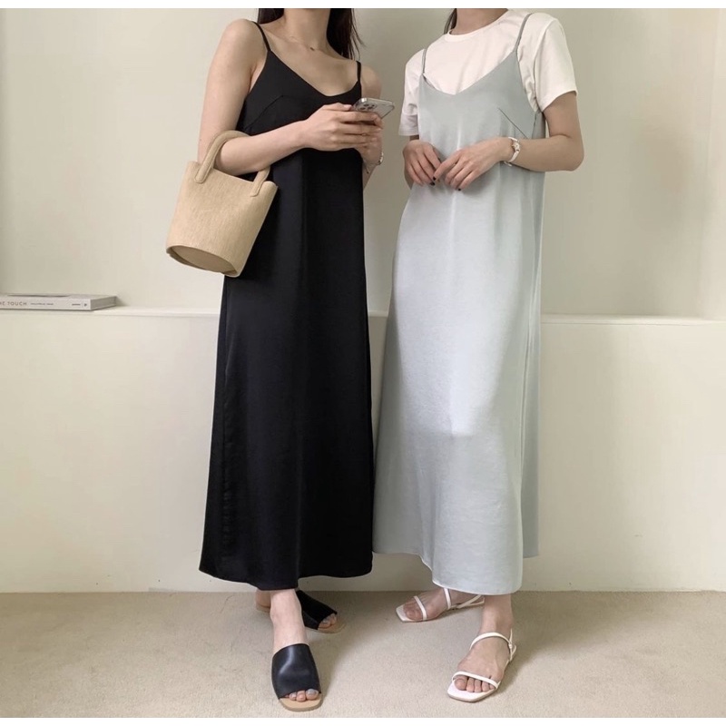 LILO Satin Tank Long Dress| Dress Camisole Tank | Dress Satin Casual Tanpa Lengan | Dress Panjang Ma