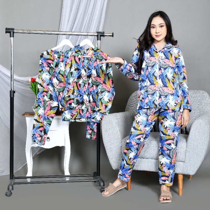 Baju Tidur Piyama Wanita/Cewek Pajamas Dewasa Katun Motif Daun Pastel PP Lengan Panjang Kekinian