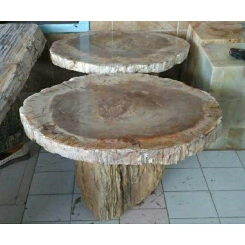 Meja Batu Fosil Kayu Model Bundar