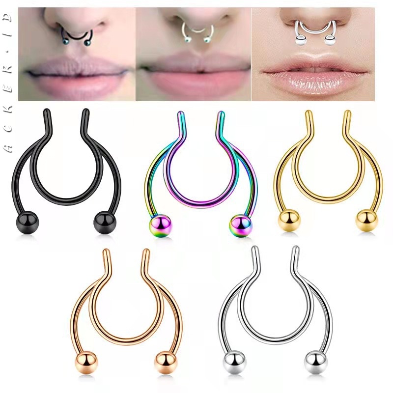 [ACKER] TANPA TINDAKAN Cincin Septum Hidung Palsu Cheater Horseshoe Cincin Septum Clicker