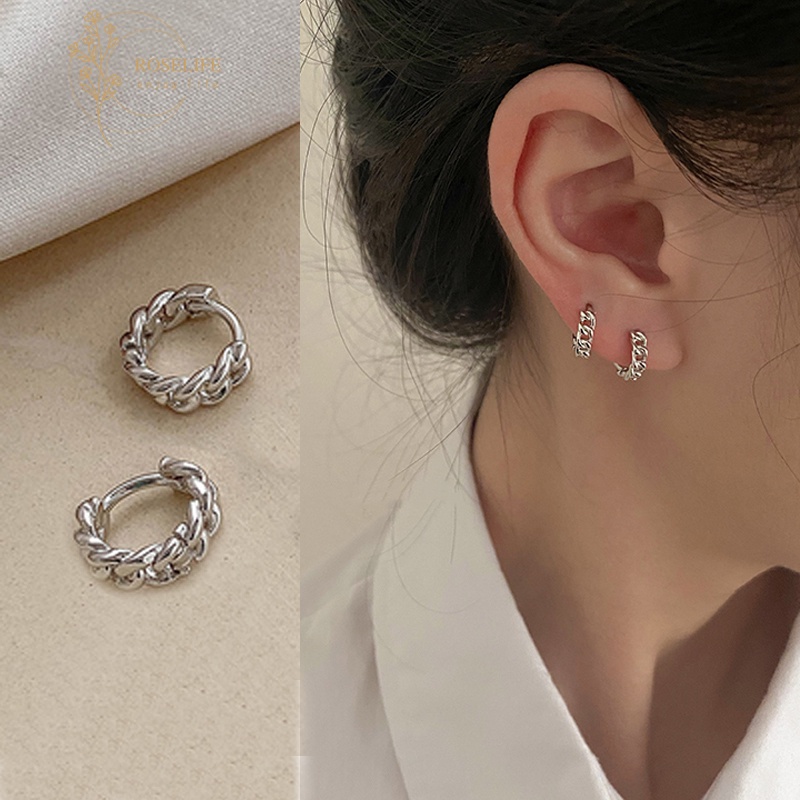 Roselife 1 Pasang Anting Bulat Kecil Model Rantai Twisted Gaya Vintage Untuk Wanita