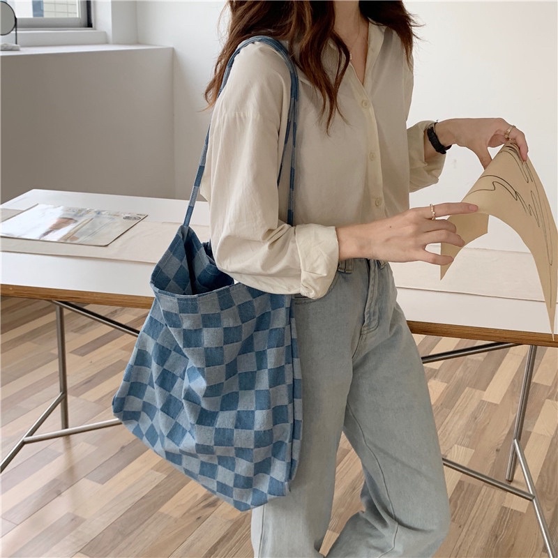 KOREAN DENIM CHECKER TOTE BAG TAS BAHU DENIM JEANS