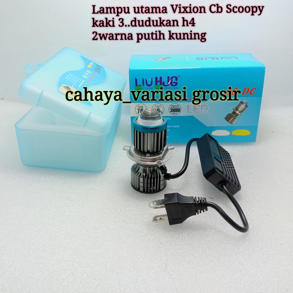 LAMPU UTAMA MOTOR MOBIL H4 LENSA 2WARNA PUTIH KUNING - LAMPU DEPAN LED LENSA KAKI 3 H4 MTR MOBIL AC 