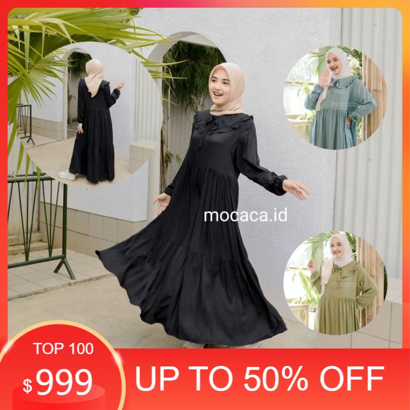 Kzs-Midi Dress Kerah Renda Tali Katun Rayon Twill Premium Hitam Putih Olive Fuschia hijau kuning bir