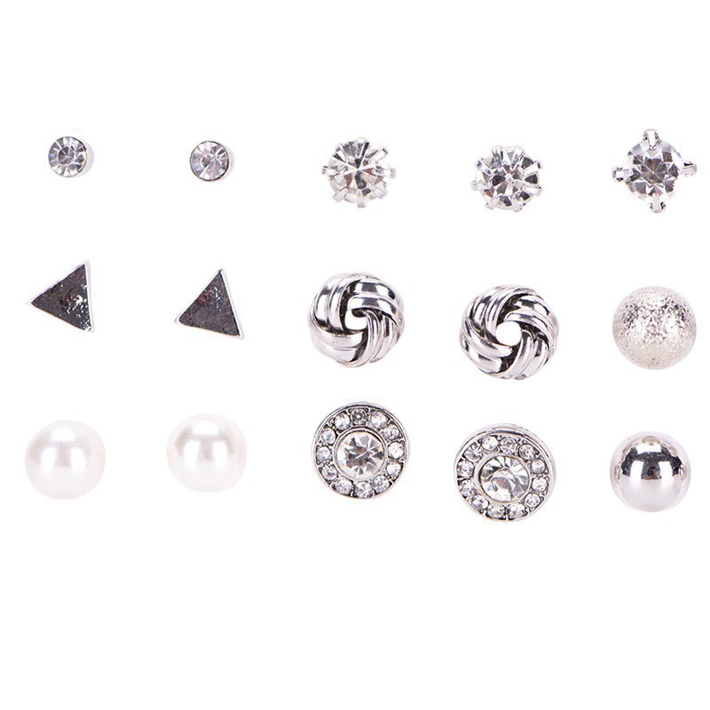 STT Set Anting Wanita Tusuk Bentuk Bulat Hias Kristal untuk Women Anting 12 Pairs Set Pears Crystal-4