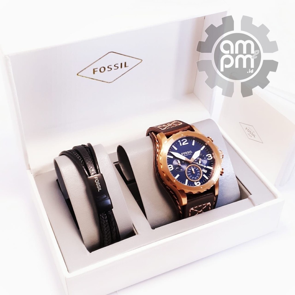 JAM & GELANG FOSSIL MAN NATE CHRONOGRAPH BROWN LEATHER BLUE DIAL JR1495