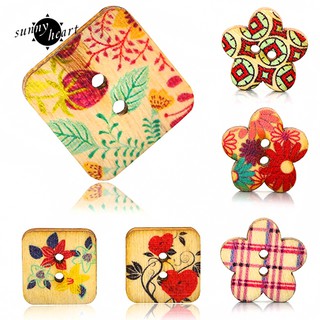 100pcs Kancing Kayu 2 Lubang Bentuk Kotak Motif Bunga 100pcs Kancing Kayu 2 Lubang Bentuk Kotak Motif Bunga