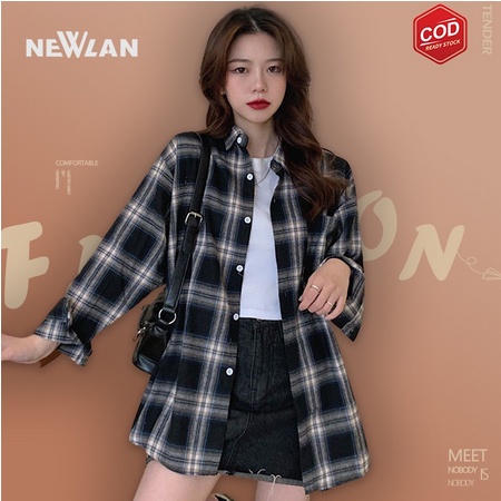 Oversize Kemeja Wanita Casual Lengan Panjang Model Longgar Versi Korea Motif Kemeja Kotak Flanel Ove