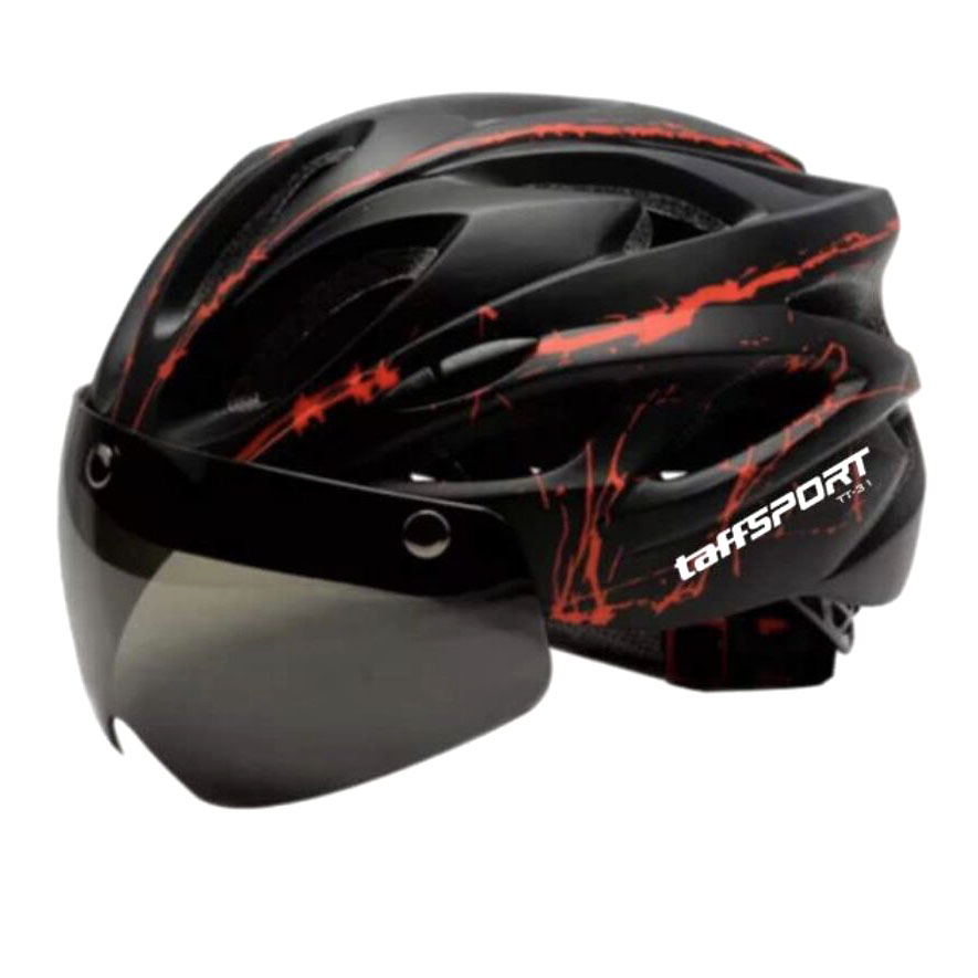 TAFFSPORT HELM SEPEDA CYCLING BIKE HELMET VISOR REMOVABLE LENS - TT-31 - BLACK/RED PROMOSI