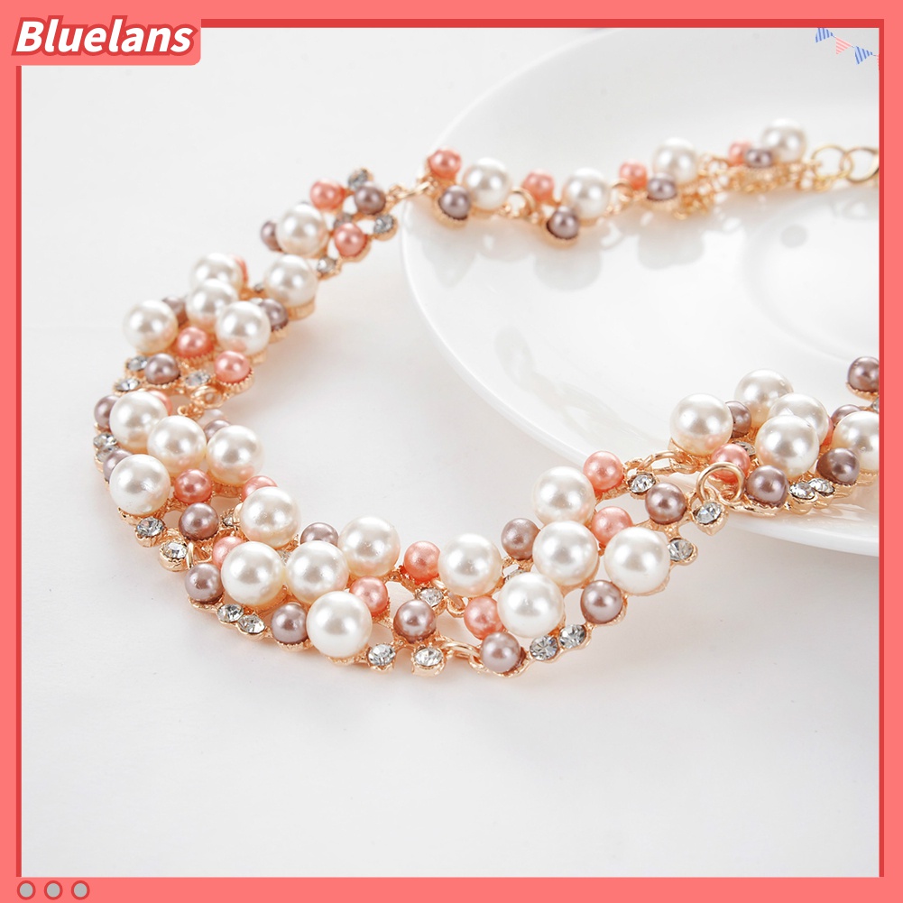 Bluelans 2Pcs / Set Kalung Dan Anting Mutiara Berlian Imitasi Untuk Wanita