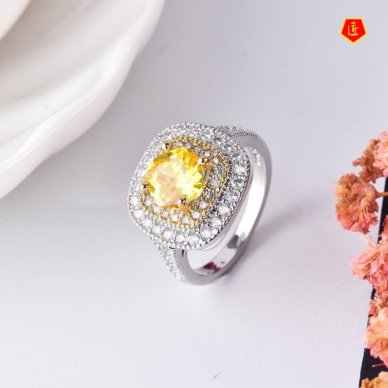 [Ready Stock]Inlaid Citrine Moissanite Ring Luxury Elegant