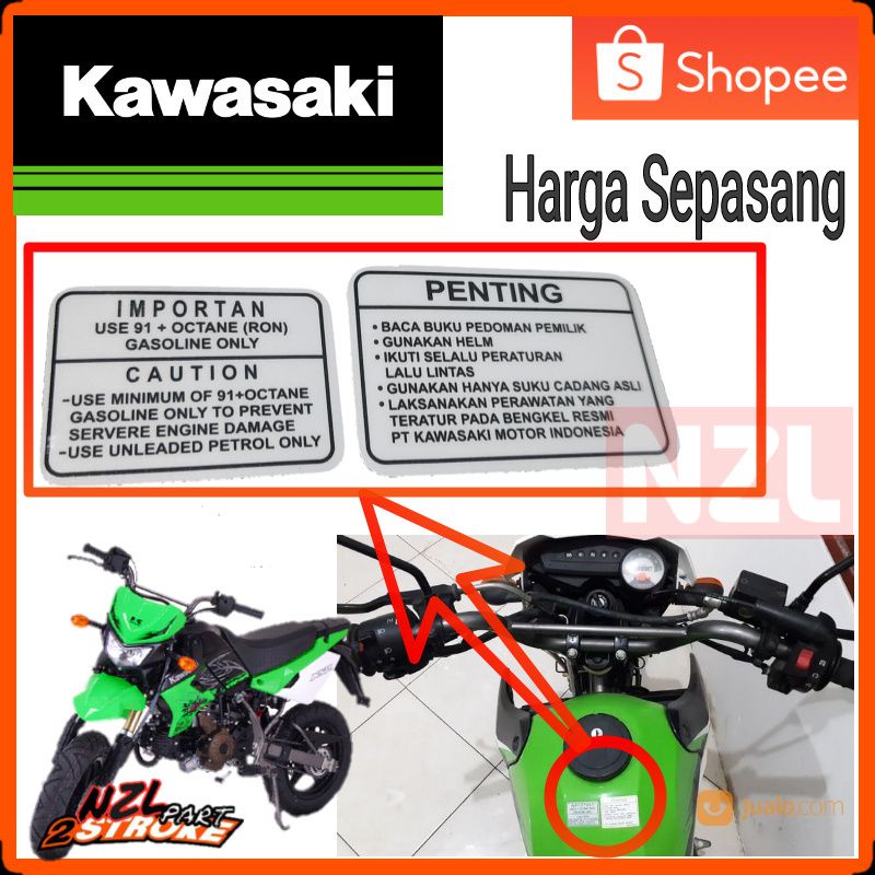 sticker stiker emblem logo tulisan perhatian peringatan bensin bahan bakar warning tangki kawasaki K