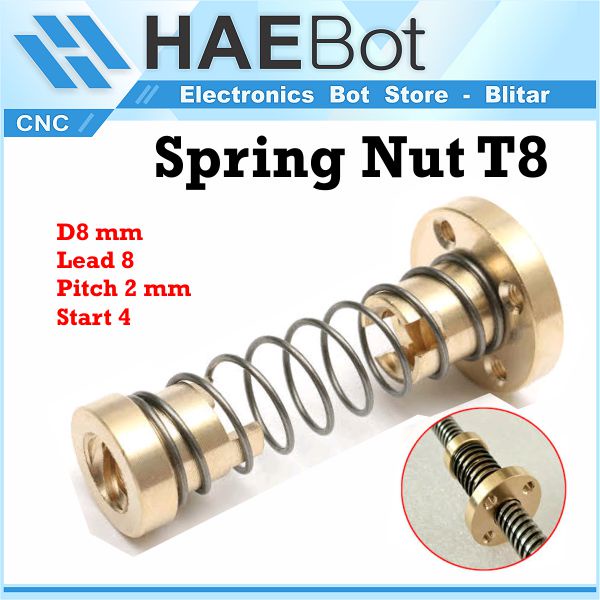 [HAEBOT] Spring T Nut TNut T8 Lead Screw 8mm Leadscrew 8 Pitch 2mm CNC Anti Backslash Trapezoidal Loaded Ulir Mekanik Brass