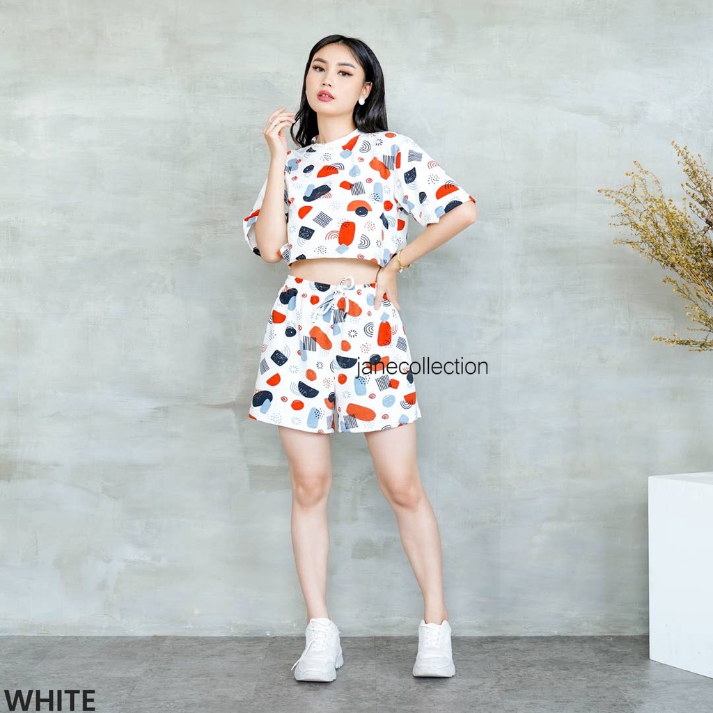 JANE COLLECTION || Setelan Wanita Satu Set Crop Top dan Celana Karet Babyterry Motif Abstrak Aesthetic Baju Casual Hangout Perempuan Dorothy One Set Hitam Army Putih Cream