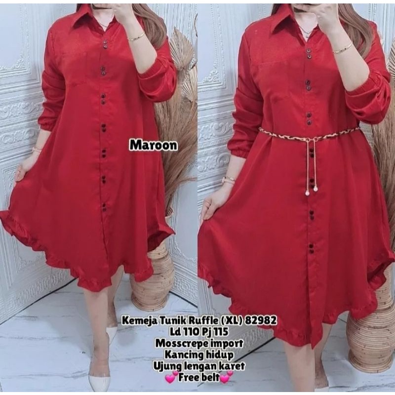 Kemeja Tunik Ruffle Allsize fit to XL (FREE BELT)// Tunik Wanita Terbaru Full Kancing// Bahan Itycrepe Lembut Ellegant// Bisa Bayar Ditempat