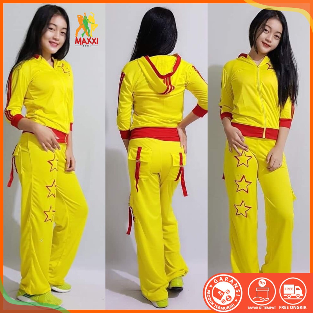 Baju Senam Setelan Aerobic Zumba Fitness Hijab Muslimah Cycling Bintang Double Kuning Merah