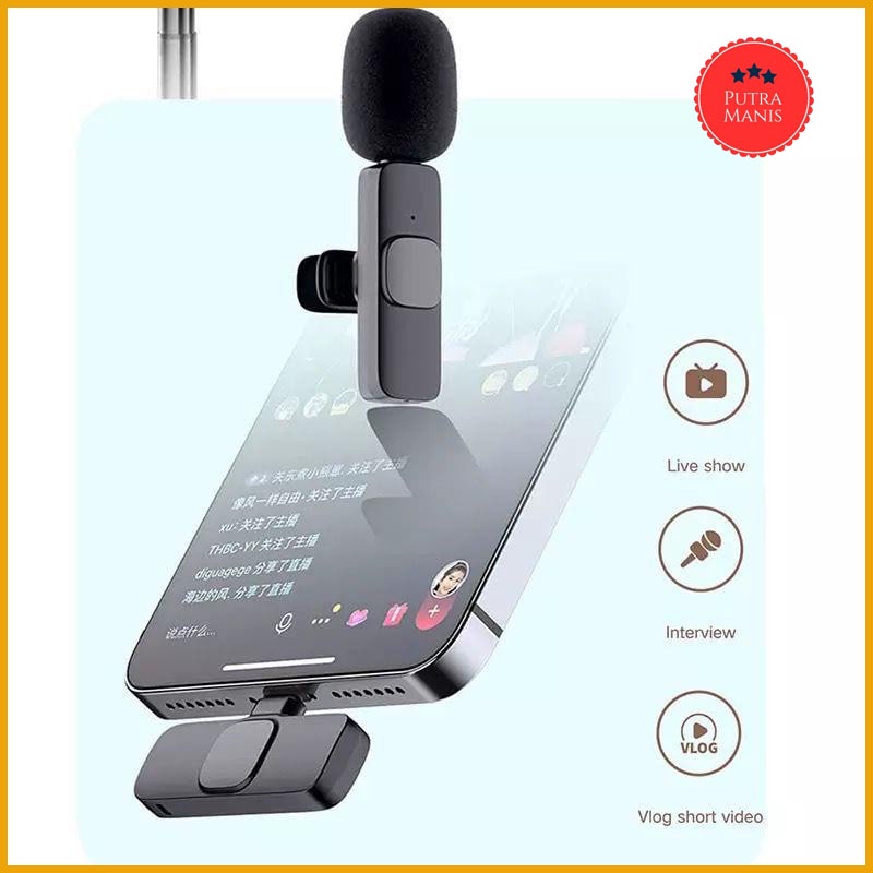 K9 Microphone Wireless Mic Clip On 20m Vlog Smartphone HP hanphone android micro phone  youtuber str