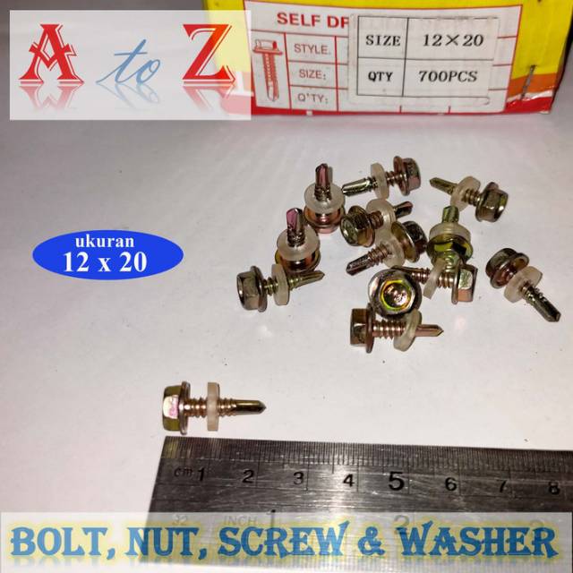 Baut driling 12 x 20 mm (100pcs)/baja ringan/atap/taso/seng/sds/roofing/sekrup driling 12 x 20mm