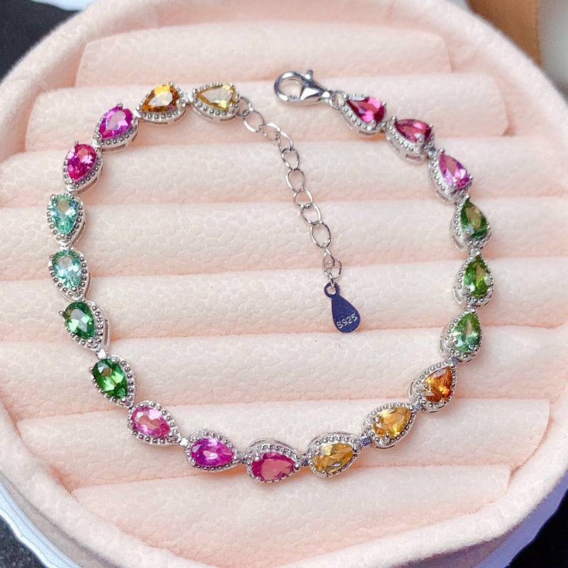 Gelang Rantai Lapis Silver S925 Hias Turmalin Warna Pelangi Untuk Wanita