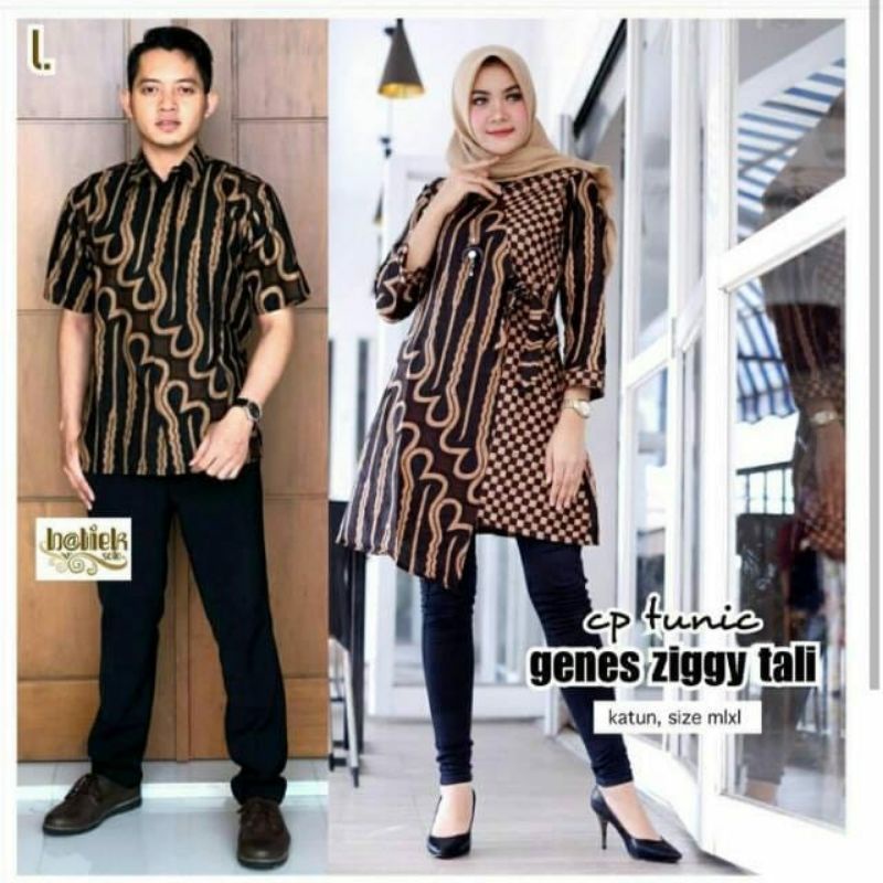 Couple Tunik Genes Ziggy Tali Batik Sogan Modern Dress Casual Kerja Seragam Sarimbit Muslim Kantoran