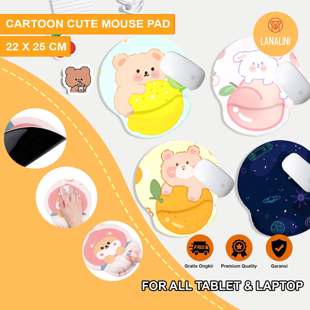 Mouse Pad Mousepad Alas Laptop Macbook Asus HP Lenovo Ipad Tablet Gaming Anti Slip Geser Lentur Waterproof Tahan Air Gambar Rabit Bear Motif Karakter Lucu Cute Warna Pink Orange Kuning Korean Style Murah Memory Foam Busa Tebal Pergelangan Tangan