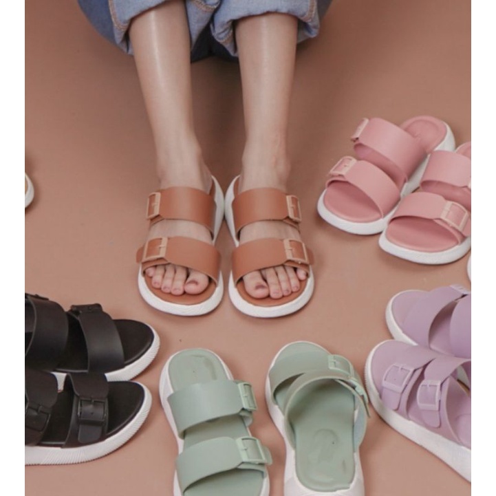 Hello - Sandal Wanita Slip On Strap 2 Korean Styles Puffy birken Sandal Slip On mules {Sara02}