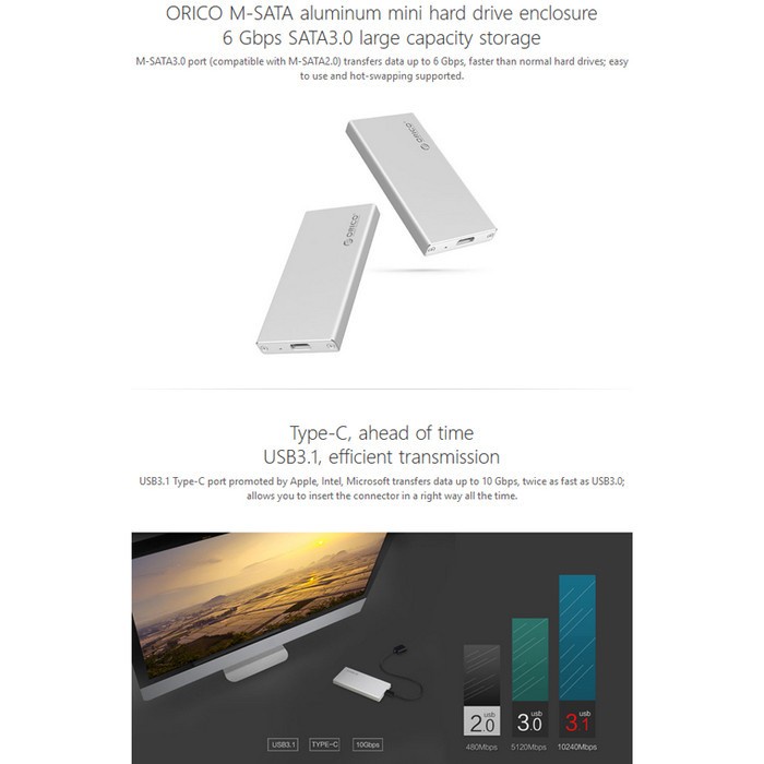 SSD Enclosure ORICO MSA-UC3 Aluminum mSATA to USB 3.0