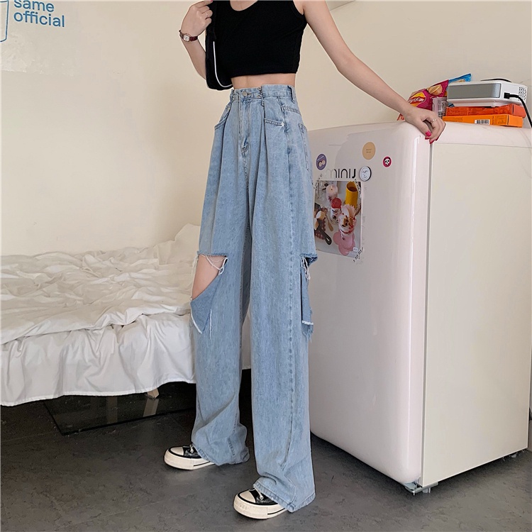 XIAOZHAINV  Celana Jeans Panjang Wanita Korean Style Highwaist Sobek 8678