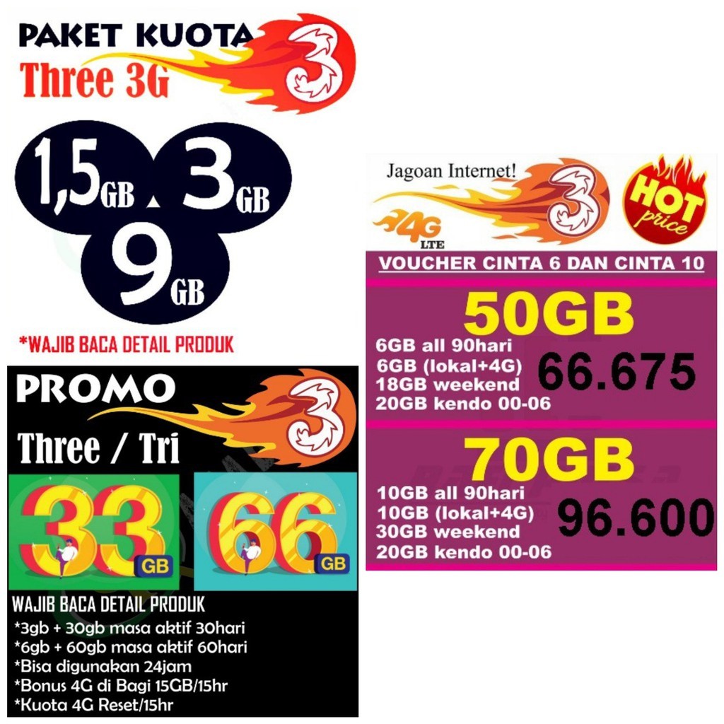 INJECT PAKET INTERNET KUOTA THREE TRI 3 4G LTE 5GB 33GB 66GB CINTA 50GB 70GB | Shopee Indonesia