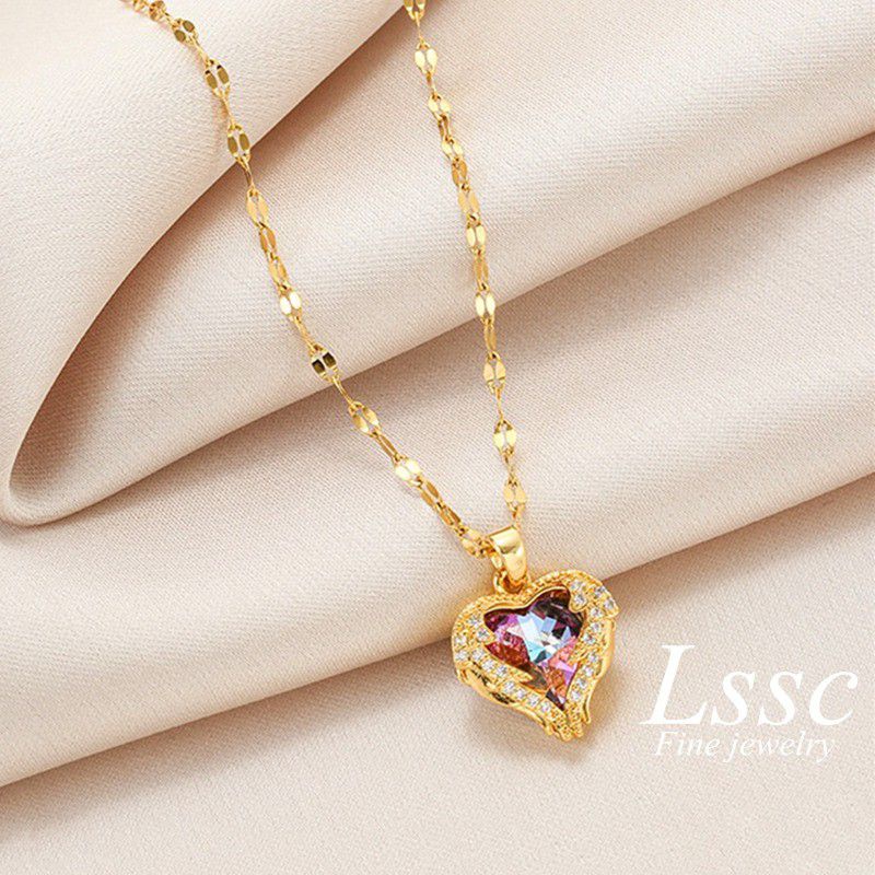 Kalung Titanium Hati Kristal Sayap Malaikat Gold 298221