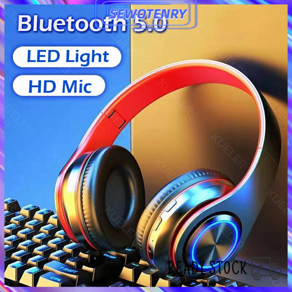 【COD】B39 Headset Bluetooth Lampu LED Warna-warni HiFi Stereo Headphone Bluetooth dengan Mikrofon Mendukung Panggilan HD Kartu SD AUX Earphone