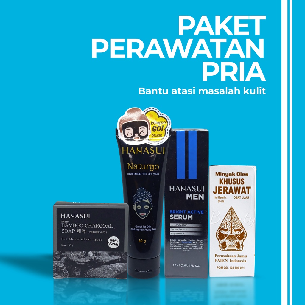 TERLARIS AMPUH Paket Skincare BPOM 4in1 Hanasui Men Bright Active Serum Naturgo Mask cream BPOM Sabu
