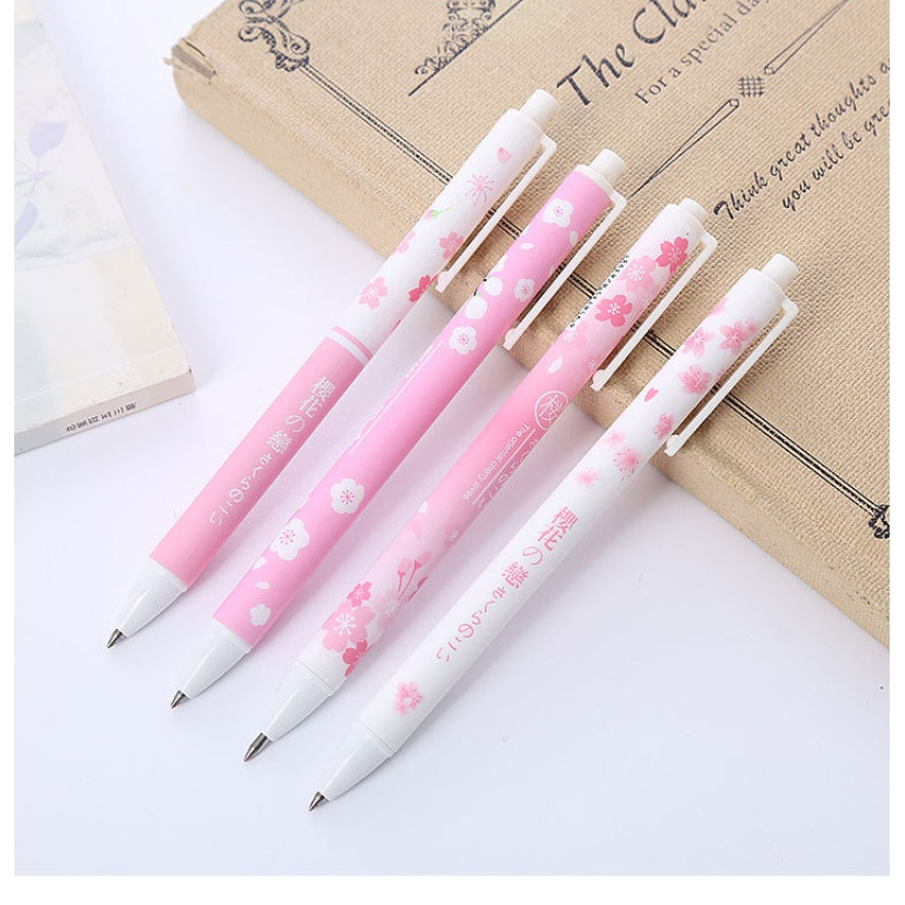 4pcs / Set Pulpen Gel Tinta Hitam Motif Bunga Sakura Pink Untuk Stationery Sekolah / Kantor