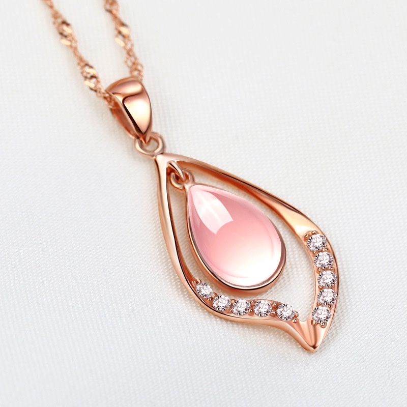 [Ready Stock]Fashion Silver Plated Elegant Necklace Korean Style Ross Quartz Pink Crystal REDLEAF Pendant